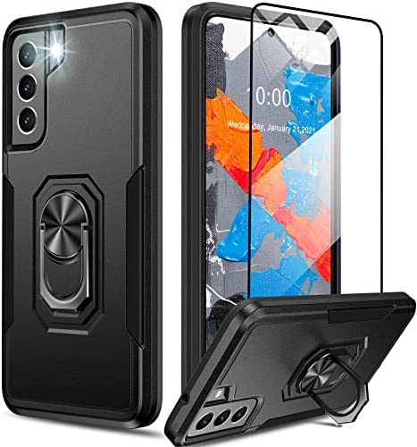 Oterkin for Samsung Galaxy S21 FE Case,Heavy Duty Military Grade Shockproof Case for Galaxy S21 FE 5G with Kickstand Ring Tempered Glass Screen Protector S21 FE Case Support Magnetic Car Mount (Black)