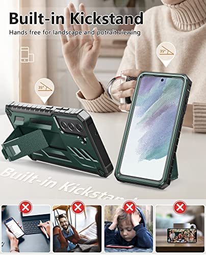 for Samsung Galaxy S21 FE Case: Dual-Layer Military Grade Drop Proof Full Protection Cover with Kickstand & Shockproof TPU Shell | Durable Rugged Matte Textured Protective Tough case (Dark Green) - Image 3