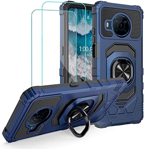Suordii for Nokia X100 5g Case with [2PCS] Tempered Glass Screen Protector, Full-Body Protective [Military-Grade] with 360° Rotating Magnetic Metal Ring Car Kickstand Protective Back Cover - Blue