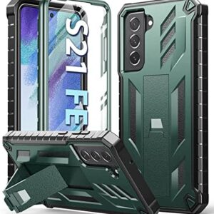 for Samsung Galaxy S21 FE Case: Dual-Layer Military Grade Drop Proof Full Protection Cover with Kickstand & Shockproof TPU Shell | Durable Rugged Matte Textured Protective Tough case (Dark Green)